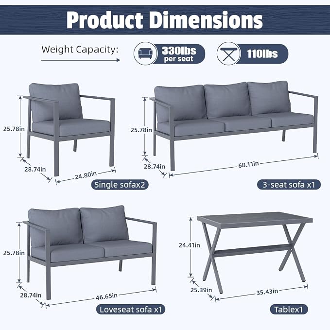 Aug-guan Aluminum Patio Furniture Set 5 Piece, Outdoor Conversation Set with 5" Cushions, Olefin Fabric, Rustproof Frame, Non-Slip Feet, Compact Patio Sofa Set for Balcony, Backyard, Porch,Grey