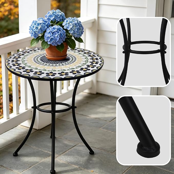 23.6" Outdoor Patio Mosaic Round Table Garden Bistro Accent Table | Ceramic Tile Waterptoof Side End Table Metal Frame Dining Table Furniture for Balcony Backyard Porch Poolside Terrace