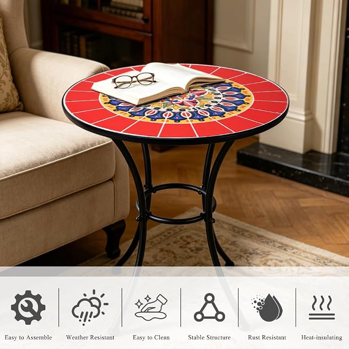 24 Inch Mosaic Patio Round Side Table with Ring Curved Legs Indoor and Outdoor Accent End Table for Yard, Garden, Living Room, Bistro, A - Red Mandala