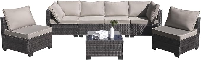 CANMOV 7 Pieces Patio Furniture SetsAll Weather Outdoor Patio Conversation Set, PE Wicker Rattan Sectional Sofa Couch Glass Coffee Table and Washable Cushions for Backyard Garden, Khaki