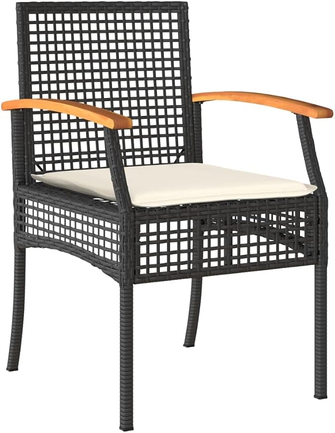 3 Piece Poly Rattan Patio Dining Set with Cushions Black Tempered Glass Table for Outdoor Backyard Garden Relaxation, UV Proof 242.5 lb Capacity Per Seat