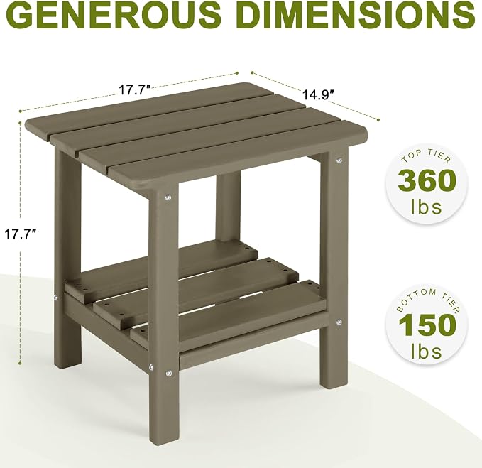 Adirondack Outdoor Side Table, 2-Tier Small Patio End Table, Weather Resistant HDPE Outdoor End Tables for Garden, Lawn, Pool, Beach, Porch, Deck, Backyard - Square, Light Brown