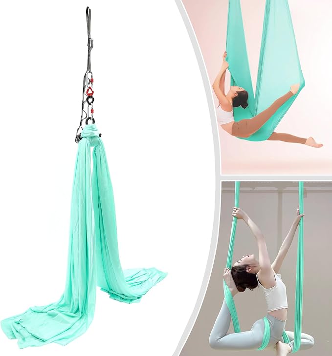 Aerial Yoga Hammock, Green, Polyester, 19.68x8.53 ft, Ceiling-Mounted, 440 lbs Capacity, with Carabiners and Extension Straps, for Yoga, Dance, Acrobatics