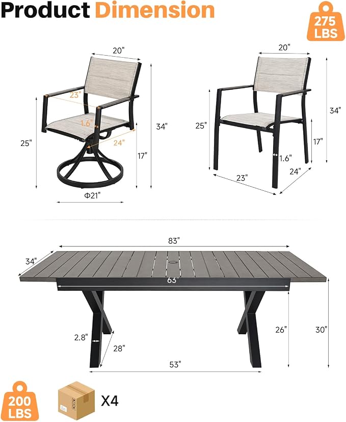 Extendable Patio Dining Set for 8, Never-Rust Aluminum Outdoor Dining Set with 2 Swivel Chairs, Expandable Dining Table and 6 Double-Layer Textilene Chairs, Patio Furniture Set, Limed Oak