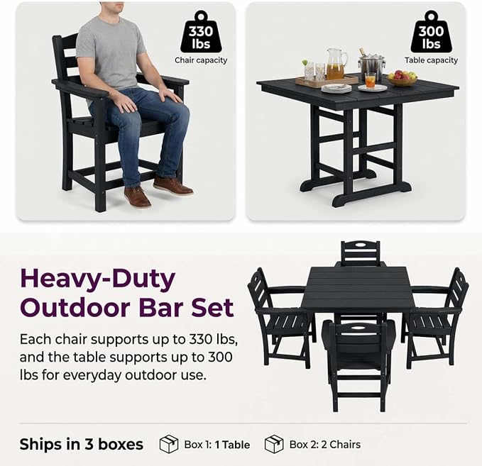 WILLIAMSPACE 37.8" Outdoor Patio Dining Set with 4 Armchairs, All Weather HDPE Square Dining Table with Umbrella Hole, Patio 5-Piece Bistro Set for Backyard, Balcony, Lawn, Kitchen (Black)