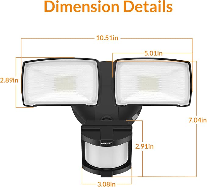 LEPOWER LED Solar Security Lights 1000LM Solar Powered Flood Lights Outdoor | 2 Head Solar Powered Flood Lights, 5500K, Easy Installation, IP65 Waterproof for Garage, Yard, Porch, Garden, Driveways-Brown