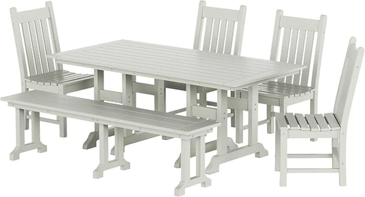 WestinTrends Malibu 6 Piece Outdoor Dining Set with Bench, All Weather Poly Lumber Patio Table and Chairs Set, 71" Trestle Dining Table with Umbrella Hole, 5 Patio Chairs with Bench, Sand