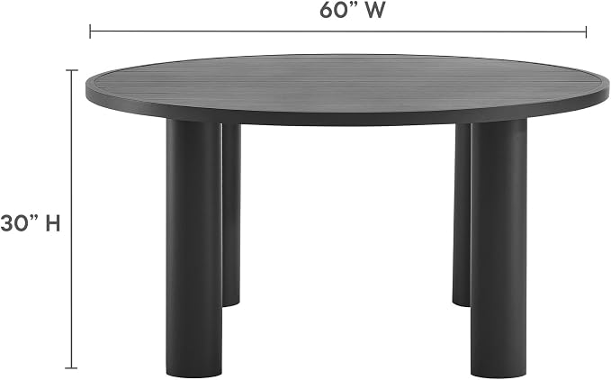 Modway Nautica 60 Inch Round Metal Outdoor Patio Dining Table in Graphite – Weather-Resistant Outdoor Dining Table for Patio, Balcony, and Garden – Modern Outdoor Dining Table for 4 People
