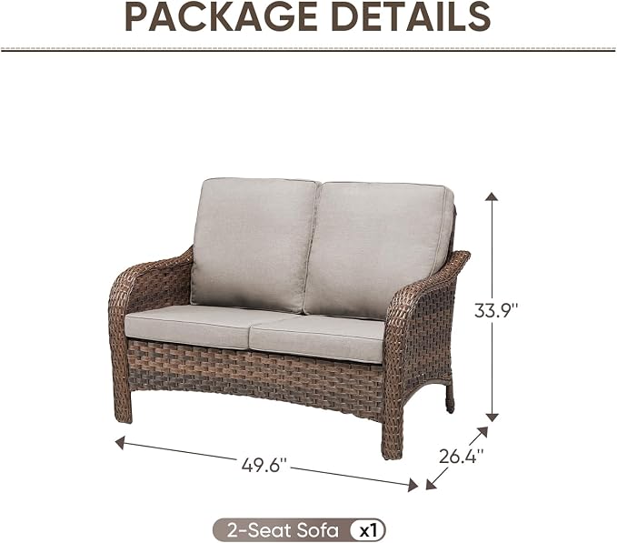 Outdoor Patio Loveseat, All-Weather Hand-Woven PE Wicker 2 Seat Sofa with Thick Cushions, High Back & Deep Seat, Ergonomic Design for Porch, Deck, Balcony, Garden, and Backyard(Beige)