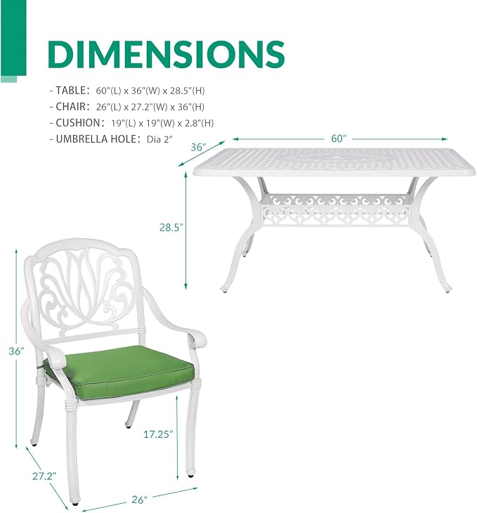 VIVIJASON 7-Piece Patio Furniture Dining Set, All-Weather Cast Aluminum Outdoor Conversation Set, Include 6 Cushioned Chairs and a Rectangle Table with Umbrella Hole for Lawn Garden Backyard, White