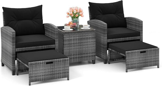 HAPPYGRILL 5-Piece Outdoor PE Rattan Conversation Set, Wicker Patio Furniture Set with Cushion, Ottoman & Coffee Table for Backyard Garden Poolside Lawn Deck Porch (Mix Grey & Black)