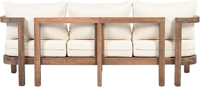 Merax 3 Seater Outdoor Acacia Wood Patio Sofa with Cushions for Porch, Garden, Backyard, Balcony, Brown wash, Beige Cushion