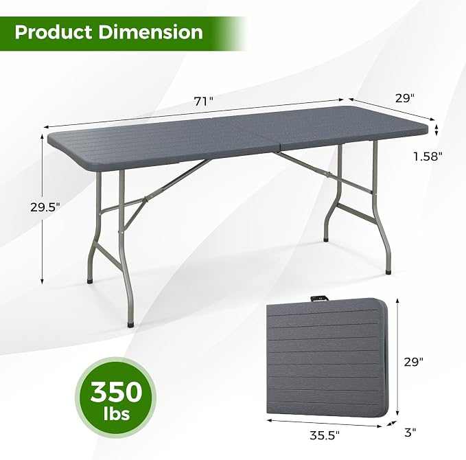 Giantex 6ft HDPE Folding Table, Outdoor Indoor Foldable Table with Metal Legs, Fold-in-Half Portable with Handle for Picnic, Camping, Banquet, Party Event (Gray)
