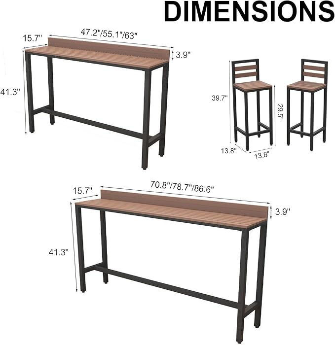 Outdoor Patio Bar Height Table with Baffle, Weather Resistant High Counter Table Porch Pub Tables Wood-Plastic Tabletop, for Poolside Garden Balcony Restaurant Cafe(Black,86.6"x15.7"x40.5")