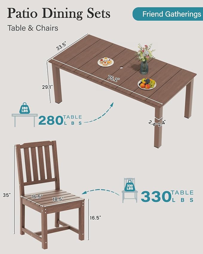 LOUNZY 7 Piece Patio Dining Set for 6, Outdoor Table and Chairs,Brown | 75.2” table,6 seat patio dining set, HDPE wood-look, fade resistant and waterproof, low maintenance outdoor furniture