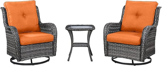 HUMMUH 3-Piece Swivel Rocking Rattan Chair Outdoor, Patio Bistro Furniture Conversation Set, Cushioned Wicker Chair with Glass Coffee Table(Grey, Orange)