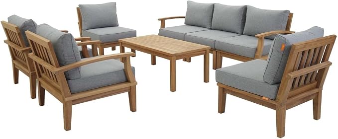 Modway EEI-1479-NAT-GRY-SET Marina Premium Grade A Teak Wood 8-Piece Outdoor Patio Furniture Set, Natural Gray