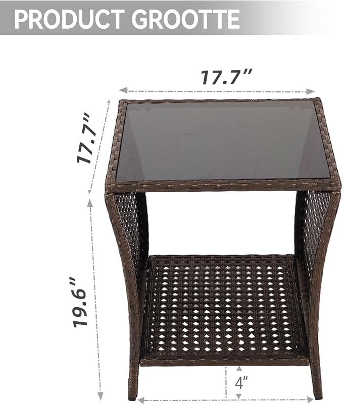Kinfant Outdoor Wicker Side Table with Tempered Glass Top, 17.7" Square Patio End Table with Storage Shelf, Weather-Resistant Rattan Table for Balcony, Porch, Deck, Garden, Easy Assembly, Black Gold