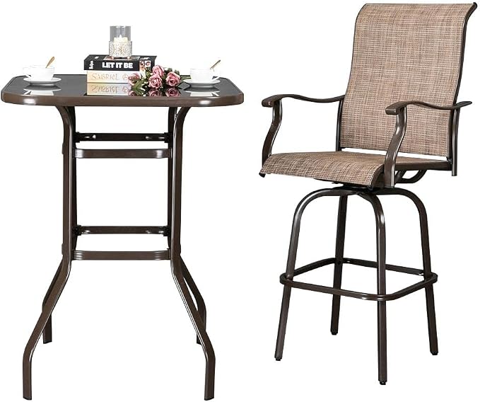 Kopokd Outdoor Bar Table Brown - Furniture Set for Garden Bistro - Bar Height Wrought Iron Table with Glass Top