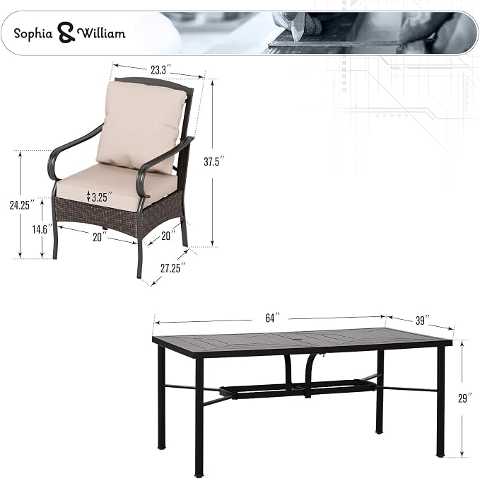 Sophia & Willliam Oversized Outdoor Dining Set 7 Piece Metal Patio Table and Chairs Set with 6 Large Padded Patio Dining Chairs & 64" Rectangular Dining Table, Deck,Lawn,Kitchen Furniture Set
