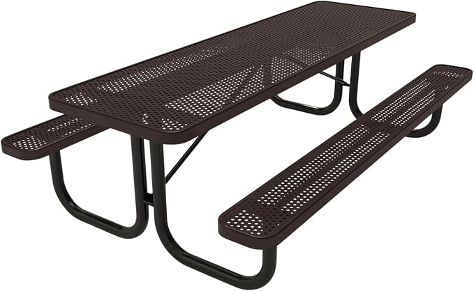 COATEDOUTDOORFURNITURE Heavy-Duty Portable Outdoor Picnic Table, Thermoplastic Coated Punched Steel Commercial-Grade Patio Dining Furniture Made in America (8ft Rectangular, Brown)