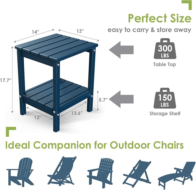 GREENVINES Adirondack-Outdoor-Side-Table | Set of 2 | 14 x 13 Inches | HDPE Plastic | All Weather | Blue | Outside End Tables | Storage Shelf | for Patio Porch Backyard Indoor