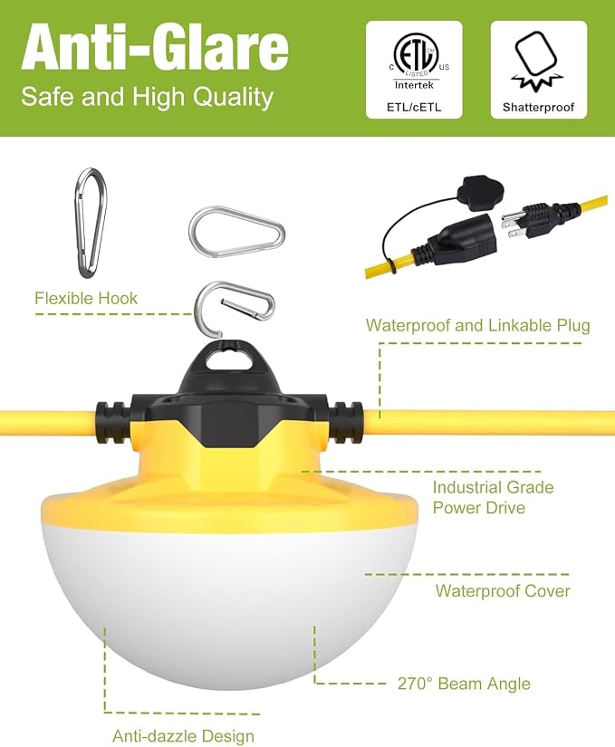 YXL 100FT 3Prong Construction String Lights 16000LM 130W Industrial LED String Lights, IP65 Waterproof 18AWG Wire 5000K Super Bright for Construction Sites Temporary Work Jobsites Outdoor Lighting