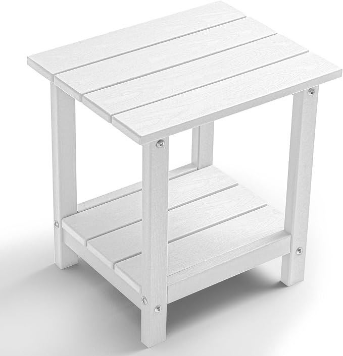 Outdoor 2-Tier Square Side Table, Adirondack Weather Resistant Patio End Table, Low Maintenance HDPE Accent Table for Backyard, Pool, Porch, Deck, White