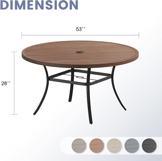 VICLLAX 50" Round Patio Table, Outdoor Dining Table for 6 with Umbrella Hole for Garden Lawn Deck Backyard, Walnut