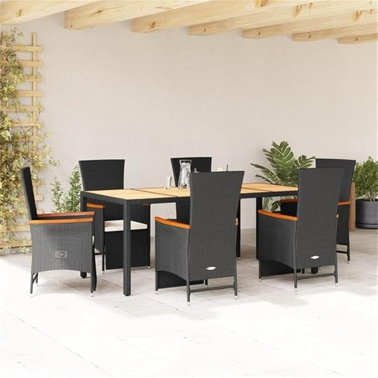 Afuera Living Contemporary 7 Piece Patio Dining Set, Powder-Coated Steel and Acacia Wood, Black Finish, Includes 1 Table and 6 Chairs with Cushions, UV-Resistant, Outdoor Use for Garden or Terrace