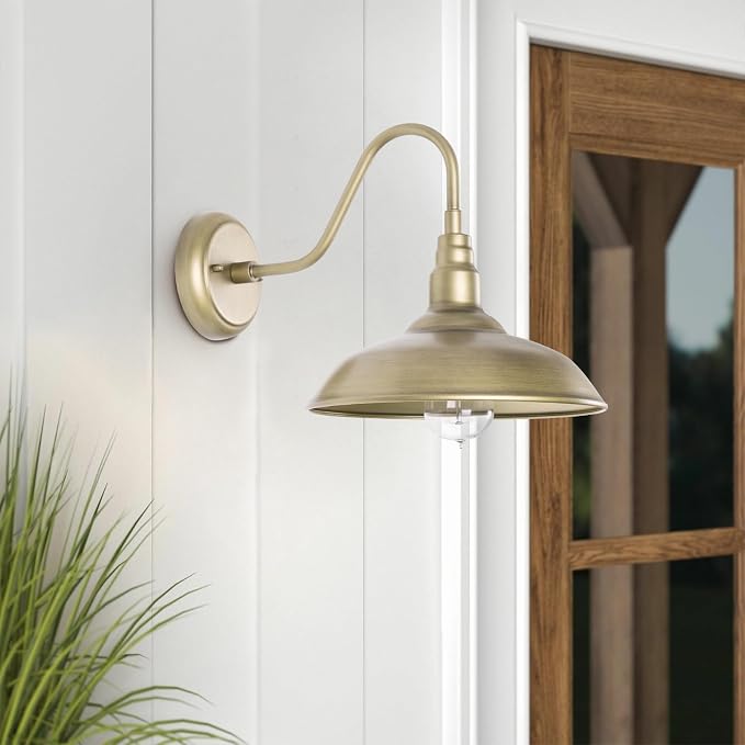 Brass Outdoor Gooseneck Light, 10'' Diameter Gooseneck Barn Wall Sconce for Porch, Exterior Waterproof Farmhouse Light Fixture with Wall Mount, 2 Pack, LM2201-GL-2P