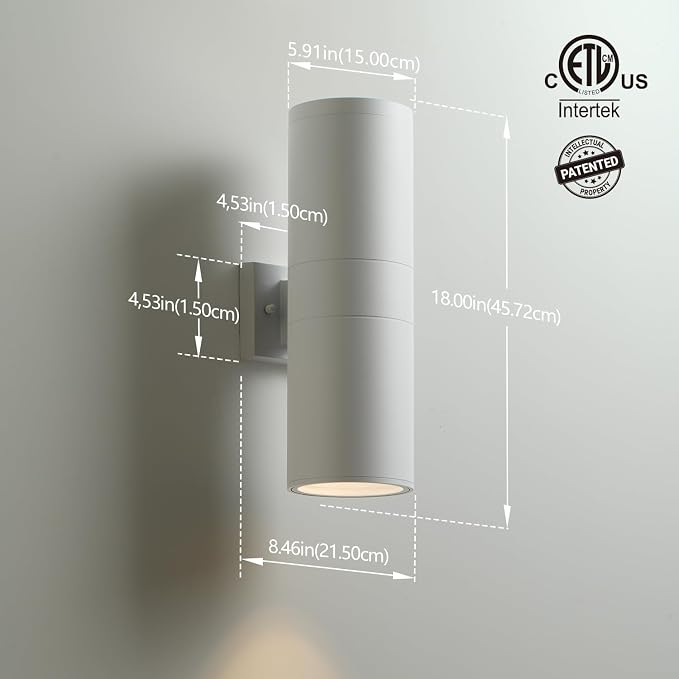 mirrea 18" Modern Outdoor Porch Light in 2 Lights, Matte White, 2 Pack | Aluminum cylinder exterior fixtures, tempered glass cover, waterproof wall sconce & patio light for outdoor use.