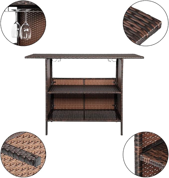 Modern bar and pub table set Bar Table for Pub, Kitchen Dining Coffee Table Table Bar Height Cocktail Table Tall Table for Kitchen Bistro Cafe Patio Outdoors Kitchen Cart with Wine Rack Glasses Holder