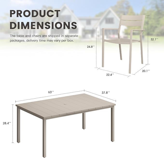 Patio Dining Set for 6, 63" Outdoor Dining Table and Chairs Set with Stackable Patio Chairs Outdoor Furniture for Garden Deck Backyard, Sandshell Table and Sandshell Chairs