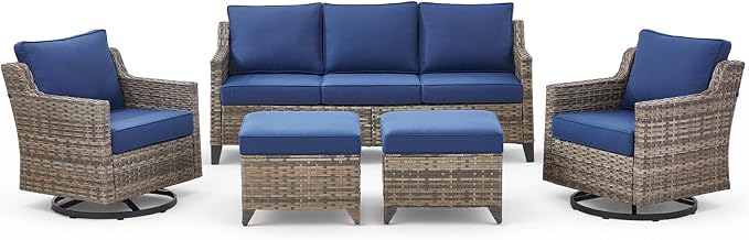5 Pieces Wicker Patio Furniture Set-High Back Outdoor Wicker Couch Patio Chairs Set of 2 with Comfy Cushions Ottomans Patio Furniture Set for Backyard Porch Garden Deck Grey/Beige