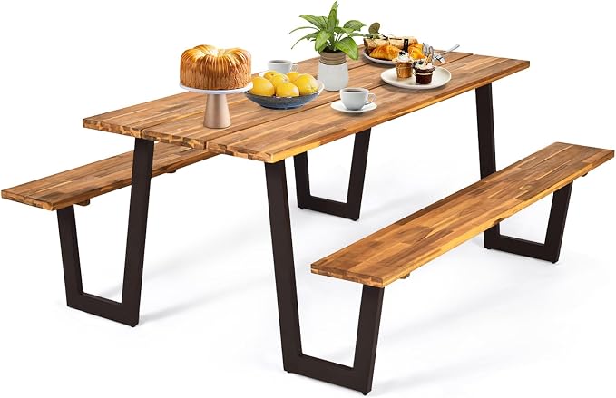 COSTWAY Acacia Wood Picnic Table, 70” Tabletop with Umbrella Hole, Patented Design, Strong Metal Frame, 6 Person Outdoor Picnic Table Bench Set for Patio, BBQ, Dining