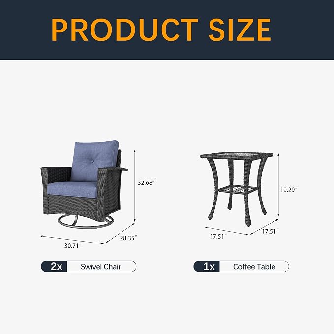3 Pieces Outdoor Patio Furniture Set, Wicker Patio Sectional Set Conversation Wicker Swivel Chairs with Small Side Table
