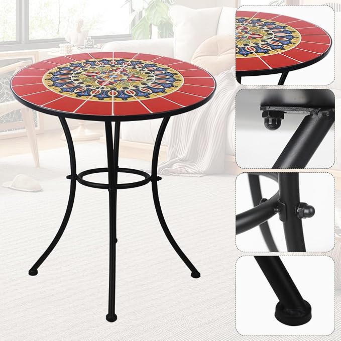 23.6" Outdoor Patio Mosaic Round Table Garden Bistro Accent Table | Ceramic Tile Waterptoof Side End Table Metal Frame Dining Table Furniture for Balcony Backyard Porch Poolside Terrace