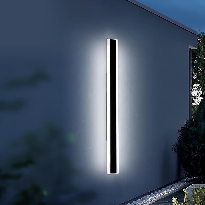 57inch Exterior Wall Light Fixture, 6000K Cold White, Modern Long Outdoor Wall Sconce, IP65 Waterproof, 50W, Black Minimalist Outside LED Strip Lights for Garage, Patio, Balcony, Fence