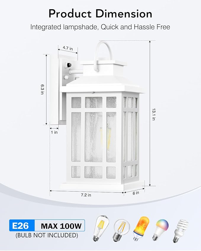 White Dusk to Dawn Outdoor Lighting 2-Pack, Outside Wall Lights with Seed Glass, Outdoor Light for House, Garage, Garden, Entryway, Doorway, 100% Aluminum Waterproof and Anti-Rust, E26 Socket