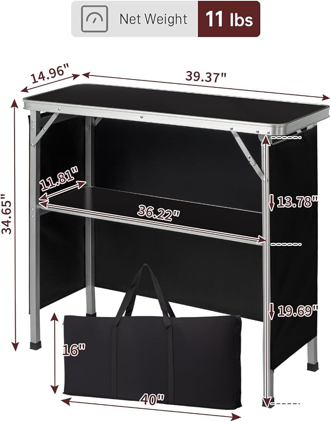 Outvita Portable Bar Table, Outdoor Folding Mobile Bar Counter with 2 Tier Shelves and Black Skirt for Wedding Party Birthday Commercial Activity Musical Festival 39 "L x 34" H