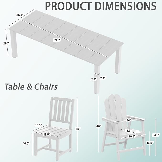 11 Piece HDPE Outdoor Dining Set for 10, Patio Furniture, White | 89.4” table,Heavy-duty 10 seat patio set, mixed chair waterproof HDPE and ALU low maintenance and stable for all-season use