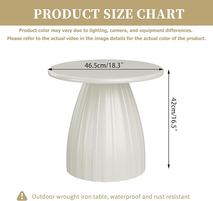 Round Small Patio Side Table, Patio Furniture Accent End Table, Metal Steel Outdoor Side Table, for Garden, Pool, Yard, Balcony, Living Room, Deck, Weather Resistant, No Assembly, Beige White