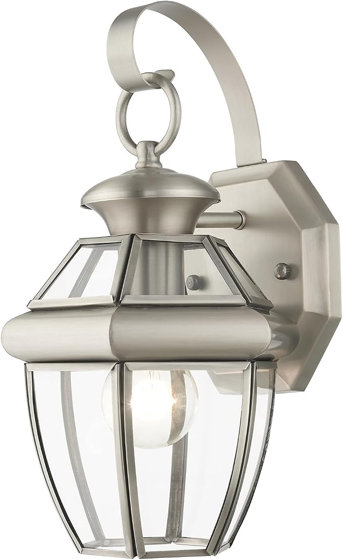 Livex Lighting 2051-91 Monterey 1 Light Outdoor Brushed Nickel Finish Solid Brass Wall Lantern with Clear Beveled Glass | Clear Beveled Glass; Solid brass construction