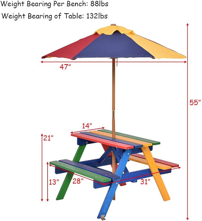 Costzon Kids Picnic Table Set, Colorful Wood Picnic Table and Benches with Removable/Folding Umbrella, Children Rainbow Bench Outdoor Patio Set
