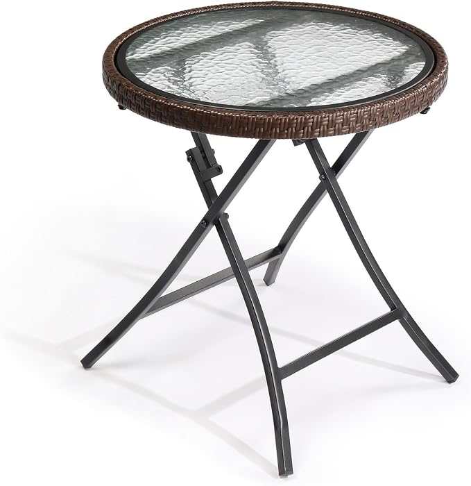 Folding Outdoor Side Table,Small Patio Table Round Wicker Table for Porch Yard Balcony Deck Lawn