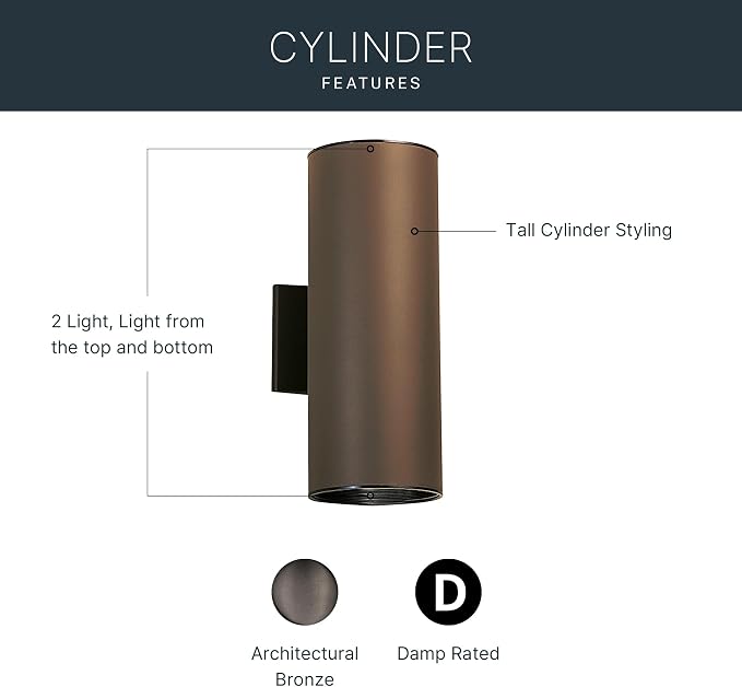 Kichler Cylinders 15" 2-Light Outdoor Cylinder Wall Sconce in Architectural Bronze, (15" H x 5.75 W), 9246AZ