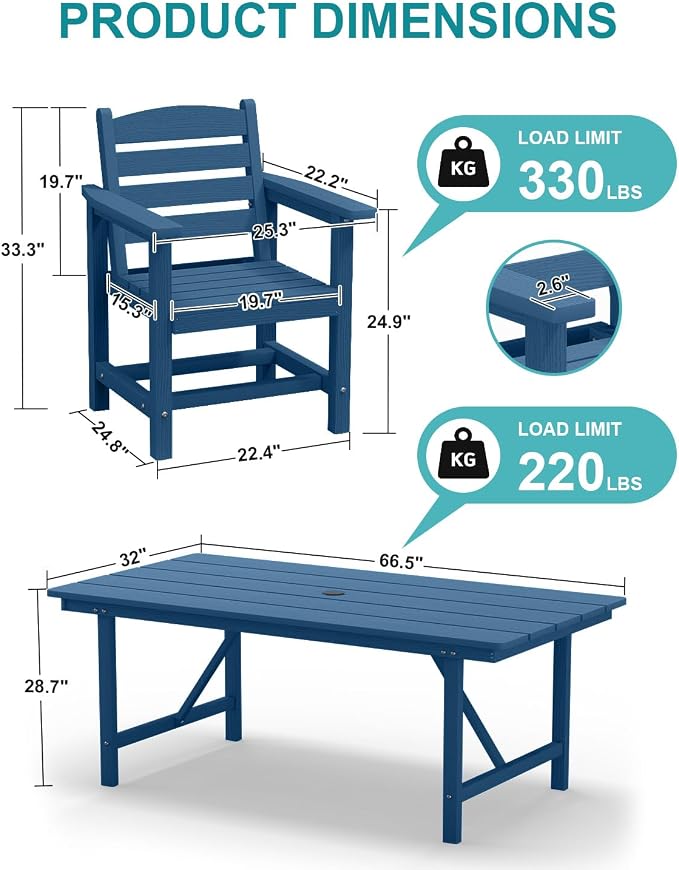PLUUV 66" Outdoor Dining Table, All-Weather HDPE Rectangular Patio Table with 2” Umbrella Hole, Weatherproof, Navy Blue