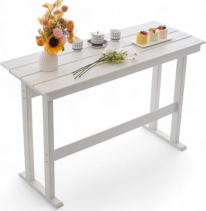 HDPE Outdoor Bar Height Table,54" Rectangular Patio Table, All-Weather Design for Bistro/Garden/Poolside (White)