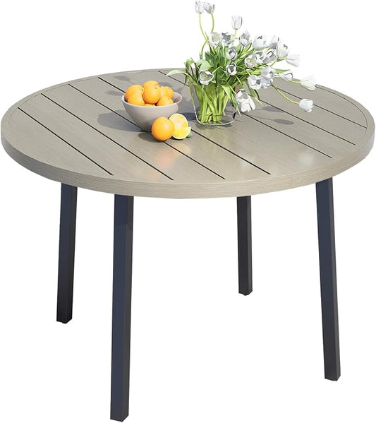 Outdoor Round Dining Table for 6, 47" Large Metal Wrought Iron Metal Table with Umbrella Hole, All Weather Patio Furniture for Deck, Yard, Porch - Honey Oak